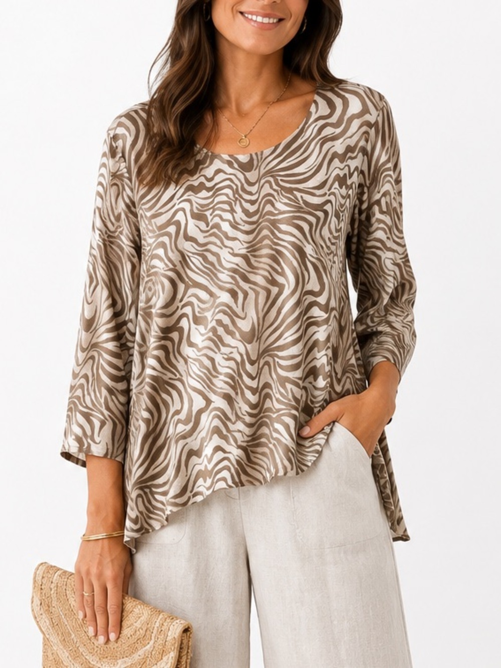 Chico's Travelers Earthy Neutral Animal Print Stretchy Knit Tunic Top Size XL